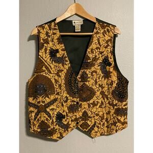 Vintage Ana Mori Womens Vest One Size Brown Abstract Beaded Art to Wear Boho 80s